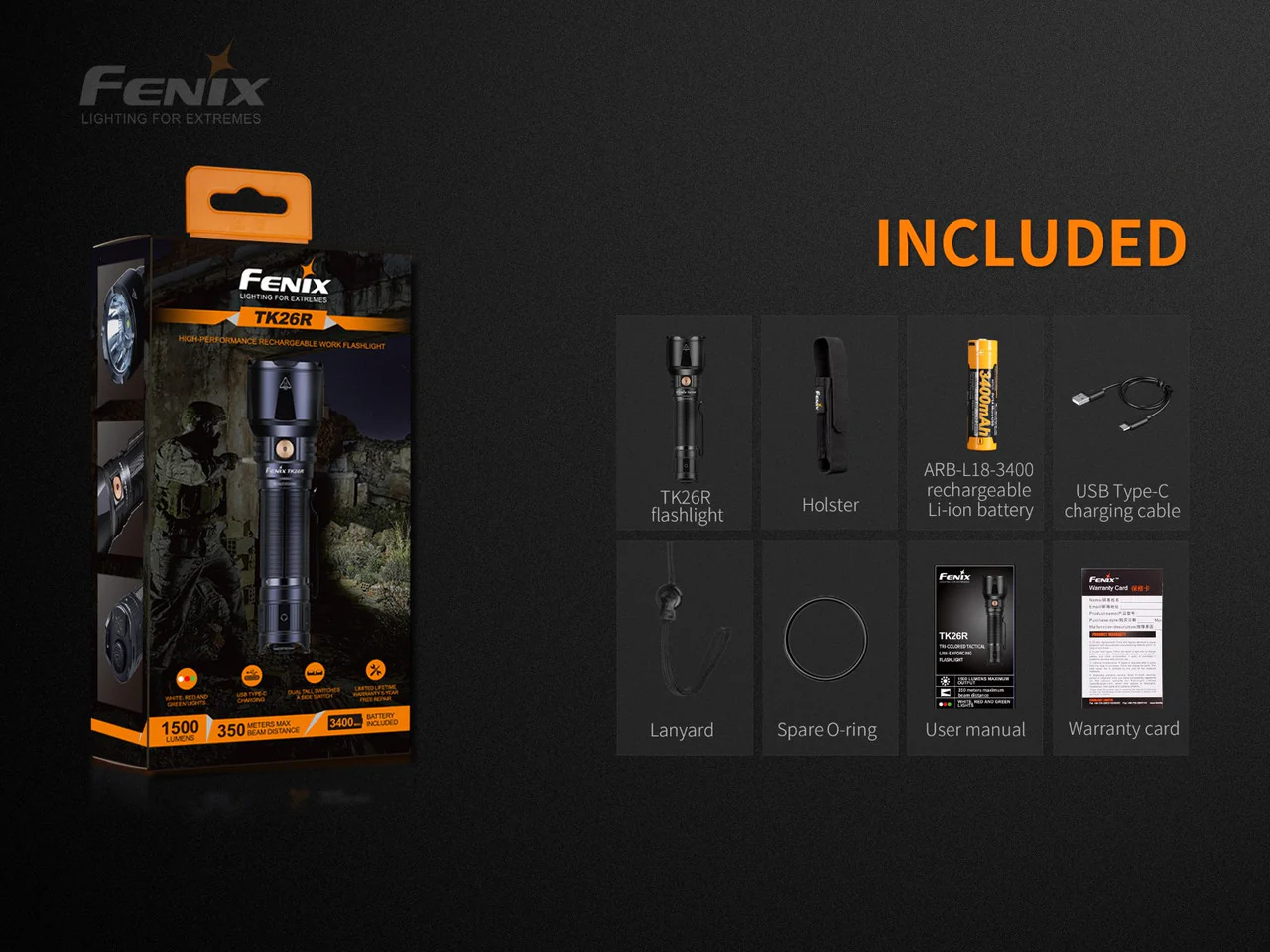Fenix TK26R Tri-coloured 1500 lumen rechargeable tactical LED torch, Red, Green, White - Image 4