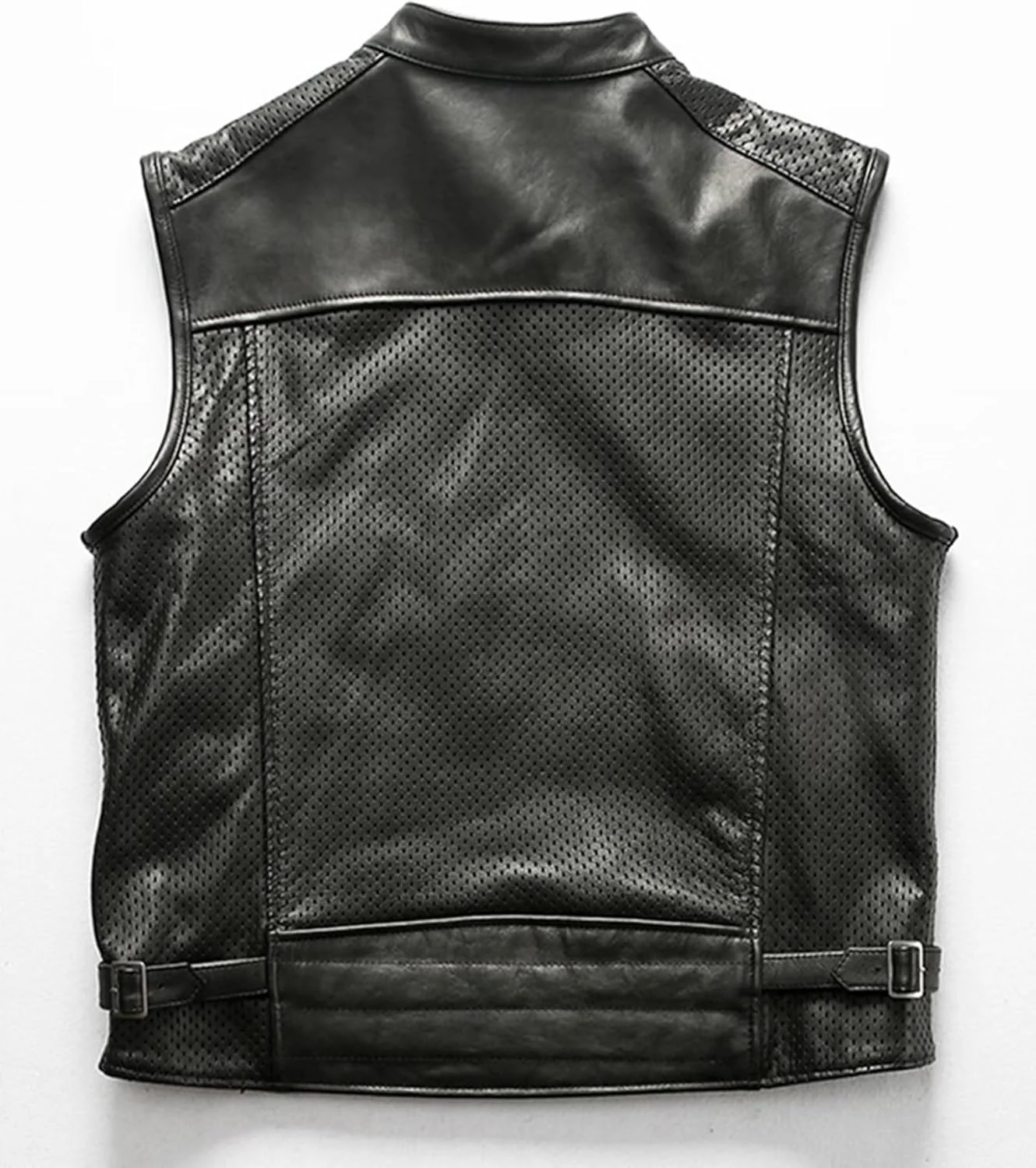 Black Collared Mesh Breathable Outdoor Leisure Motorcycle Men's Cowhide Zipped Leather Vest. - Image 2