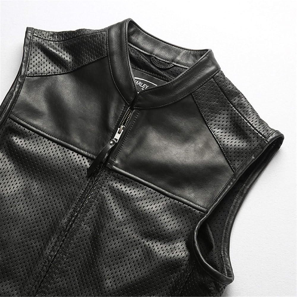 Black Collared Mesh Breathable Outdoor Leisure Motorcycle Men's Cowhide Zipped Leather Vest. - Image 3