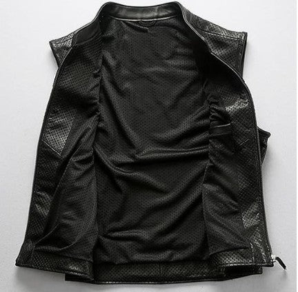 Black Collared Mesh Breathable Outdoor Leisure Motorcycle Men's Cowhide Zipped Leather Vest. - Image 6