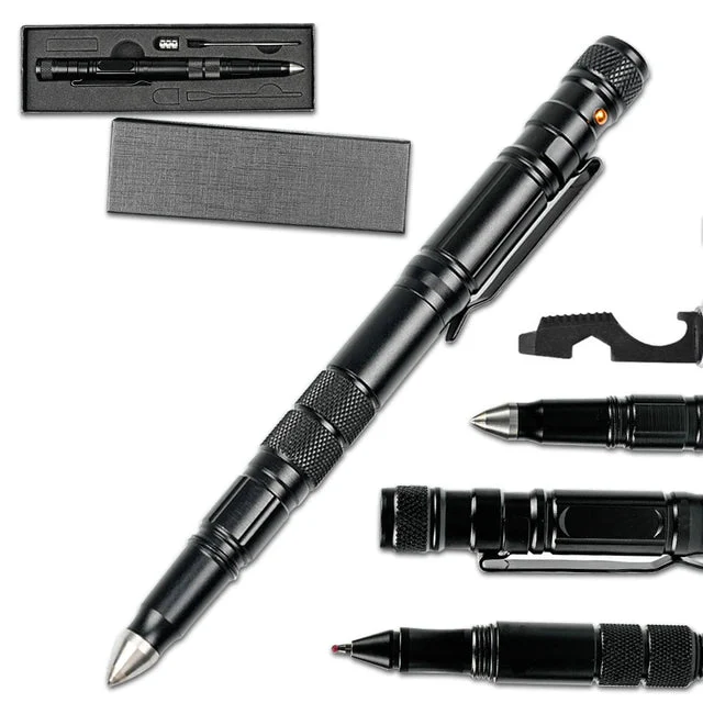 RECON GS2U P08 Black Tactical Pen Tungsten Steel Window Breaking & Self-Defence Pen with LED Light