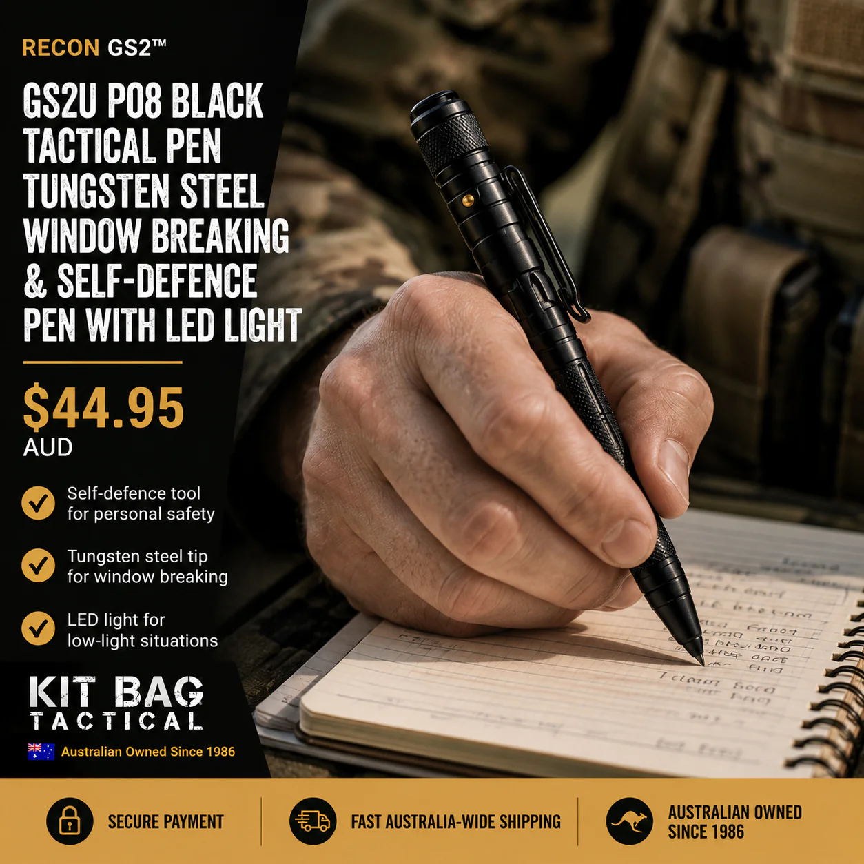 RECON GS2U P08 Black Tactical Pen Tungsten Steel Window Breaking & Self-Defence Pen with LED Light - Image 6