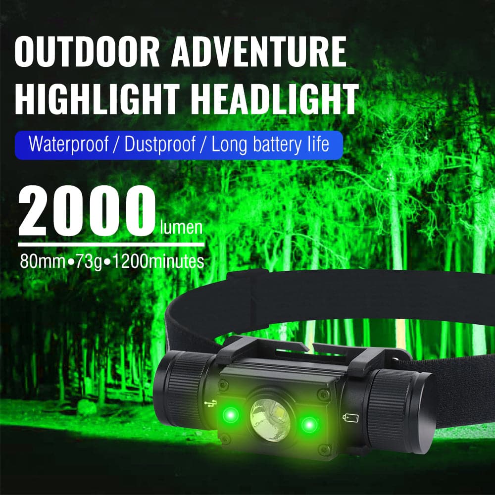 RECON GS2 White & Green Light LED Headlamp 2000lm Waterproof USB C Rechargeable - Image 4