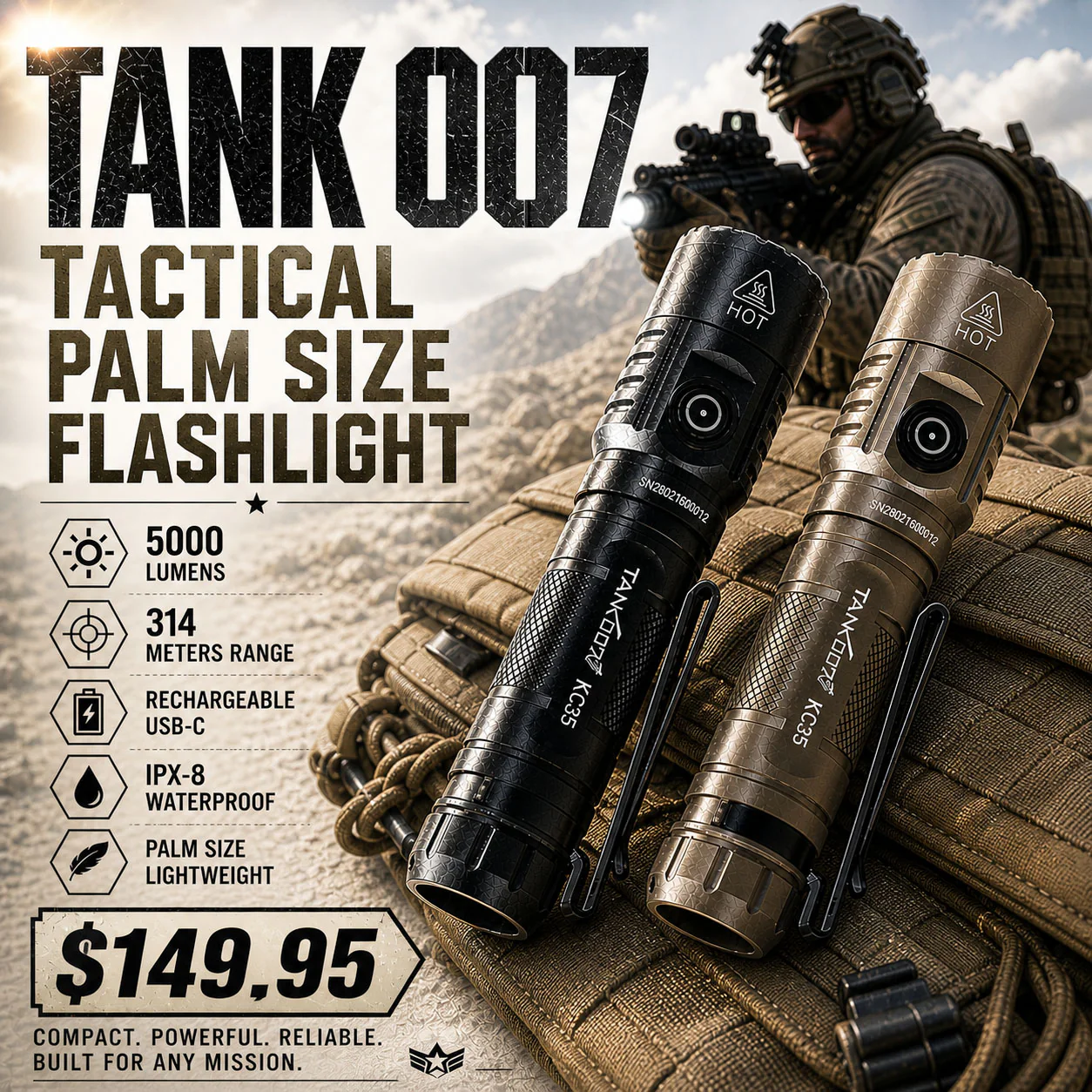 RECON GS2  TANK007 5000 Lumens Compact Tactical Rechargeable LED Flashlight - Image 5